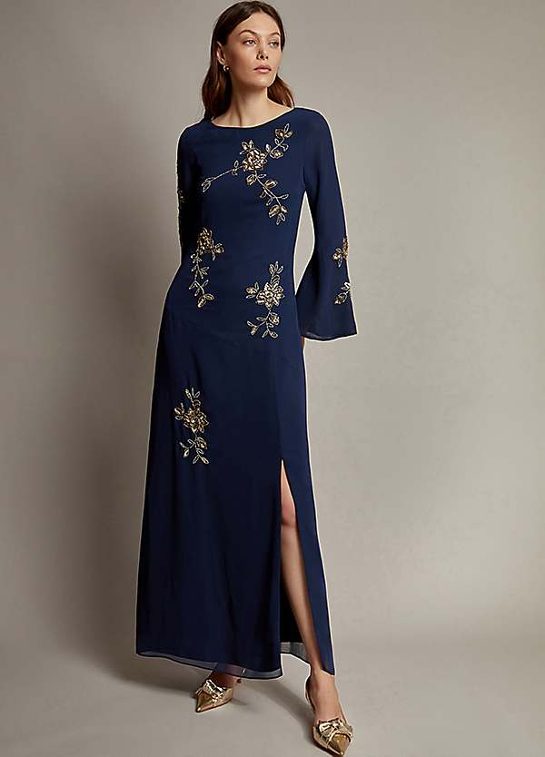 Monsoon Sarah Flute Sleeve Floral Sequin Maxi Dress Curvissa