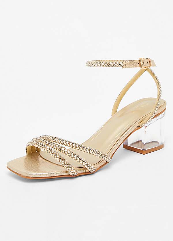 Quiz Gold Square Diamante Three Strap Low Clear Heel Sandals