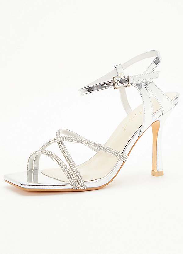 Quiz Wide Fit Silver Metallic Diamante Strap Heeled Sandals Curvissa