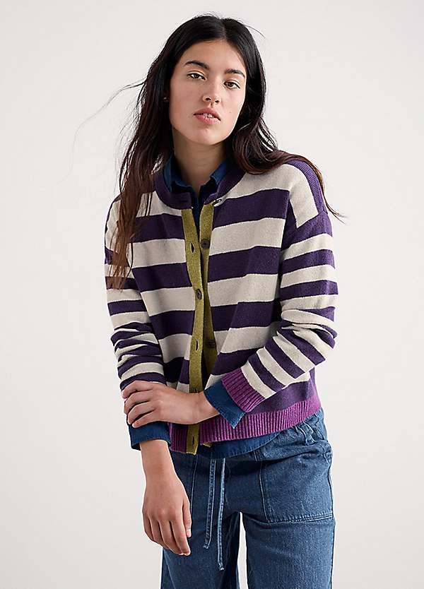 Seasalt Cornwall Purple Pinwell Striped Cardigan with Lambswool
