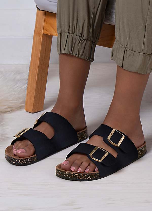 Totes Ladies Black PU Double Buckle Sliders Curvissa