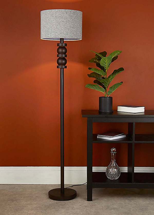 Walnut Effect Finish Floor Lamp with Herringbone Pattern Shade