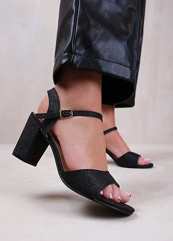 Where's That From Paityn Black Glitter Block Heel Sandals Curvissa