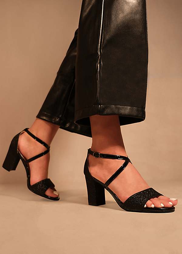 Where's That From Ruth Black Glitter Wide Fit High Block Heel Sandals with  Cross Over Ankle Strap