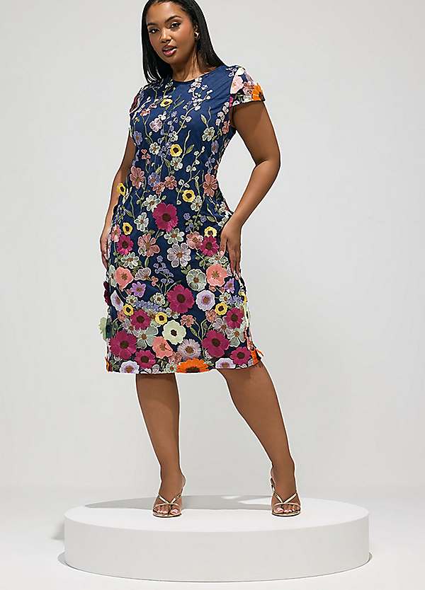 Floral Shift Ladies Occasion Shift Dresses Yours London Curve Floral 3D Embroidered Shift Dress