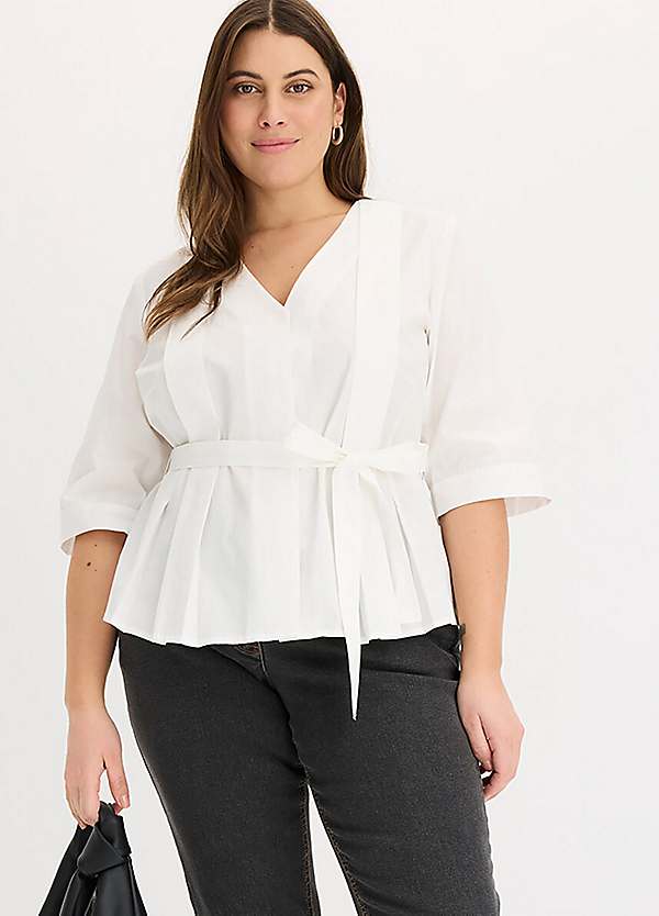 bonprix Belted Cotton V-Neck Blouse Curvissa - Main Image