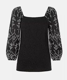 Kaleidoscope Shirred Square Neck Top With Embroidered Sleeve